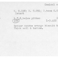 Index card with typed and handwritten information, sometimes including a sketch, of pottery from an excavation.