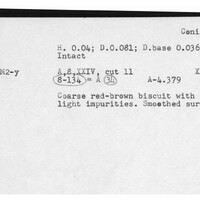 Index card with typed and handwritten information, sometimes including a sketch, of pottery from an excavation.