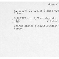 Index card with typed and handwritten information, sometimes including a sketch, of pottery from an excavation.