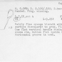 Index card with typed and handwritten information, sometimes including a sketch, of pottery from an excavation.