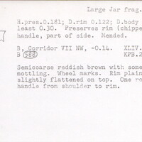 Index card with typed and handwritten information, sometimes including a sketch, of pottery from an excavation.