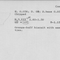 Index card with typed and handwritten information, sometimes including a sketch, of pottery from an excavation.