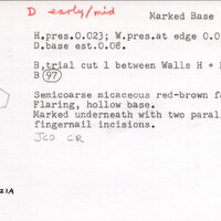 Index card with typed and handwritten information, sometimes including a sketch, of pottery from an excavation.