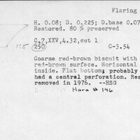 Index card with typed and handwritten information, sometimes including a sketch, of pottery from an excavation.