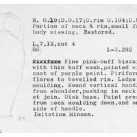 Index card with typed and handwritten information, sometimes including a sketch, of pottery from an excavation.