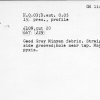 Index card with typed and handwritten information, sometimes including a sketch, of pottery from an excavation.