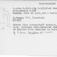 Index card with typed and handwritten information, sometimes including a sketch, of pottery from an excavation.