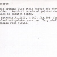 Index card with typed and handwritten information, sometimes including a sketch, of pottery from an excavation.