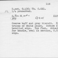 Index card with typed and handwritten information, sometimes including a sketch, of pottery from an excavation.