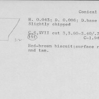 Index card with typed and handwritten information, sometimes including a sketch, of pottery from an excavation.