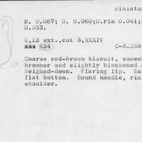 Index card with typed and handwritten information, sometimes including a sketch, of pottery from an excavation.