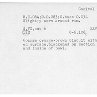 Index card with typed and handwritten information, sometimes including a sketch, of pottery from an excavation.