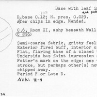 Index card with typed and handwritten information, sometimes including a sketch, of pottery from an excavation.