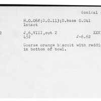 Index card with typed and handwritten information, sometimes including a sketch, of pottery from an excavation.