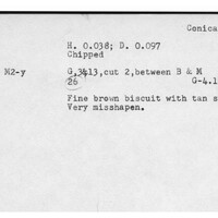 Index card with typed and handwritten information, sometimes including a sketch, of pottery from an excavation.
