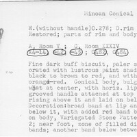 Index card with typed and handwritten information, sometimes including a sketch, of pottery from an excavation.