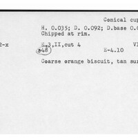 Index card with typed and handwritten information, sometimes including a sketch, of pottery from an excavation.
