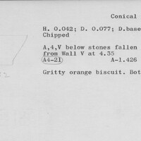 Index card with typed and handwritten information, sometimes including a sketch, of pottery from an excavation.