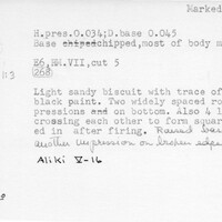 Index card with typed and handwritten information, sometimes including a sketch, of pottery from an excavation.