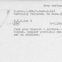 Index card with typed and handwritten information, sometimes including a sketch, of pottery from an excavation.