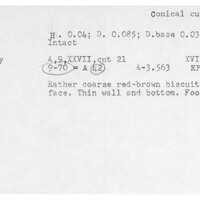 Index card with typed and handwritten information, sometimes including a sketch, of pottery from an excavation.
