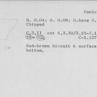 Index card with typed and handwritten information, sometimes including a sketch, of pottery from an excavation.