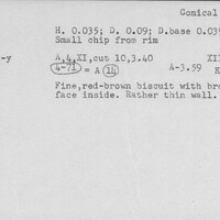 Index card with typed and handwritten information, sometimes including a sketch, of pottery from an excavation.