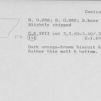 Index card with typed and handwritten information, sometimes including a sketch, of pottery from an excavation.