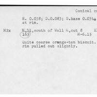 Index card with typed and handwritten information, sometimes including a sketch, of pottery from an excavation.