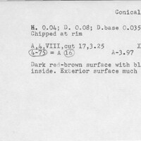 Index card with typed and handwritten information, sometimes including a sketch, of pottery from an excavation.
