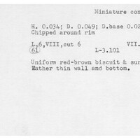 Index card with typed and handwritten information, sometimes including a sketch, of pottery from an excavation.