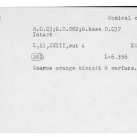 Index card with typed and handwritten information, sometimes including a sketch, of pottery from an excavation.