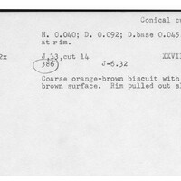 Index card with typed and handwritten information, sometimes including a sketch, of pottery from an excavation.