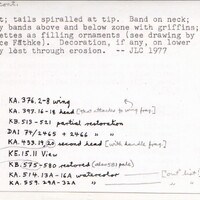 Index card with typed and handwritten information, sometimes including a sketch, of pottery from an excavation.