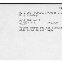 Index card with typed and handwritten information, sometimes including a sketch, of pottery from an excavation.