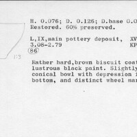 Index card with typed and handwritten information, sometimes including a sketch, of pottery from an excavation.