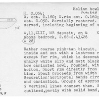 Index card with typed and handwritten information, sometimes including a sketch, of pottery from an excavation.