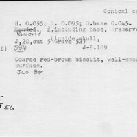 Index card with typed and handwritten information, sometimes including a sketch, of pottery from an excavation.
