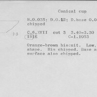 Index card with typed and handwritten information, sometimes including a sketch, of pottery from an excavation.