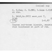 Index card with typed and handwritten information, sometimes including a sketch, of pottery from an excavation.