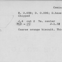 Index card with typed and handwritten information, sometimes including a sketch, of pottery from an excavation.