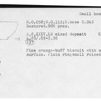 Index card with typed and handwritten information, sometimes including a sketch, of pottery from an excavation.