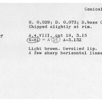 Index card with typed and handwritten information, sometimes including a sketch, of pottery from an excavation.