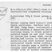 Index card with typed and handwritten information, sometimes including a sketch, of pottery from an excavation.