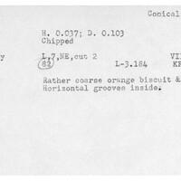 Index card with typed and handwritten information, sometimes including a sketch, of pottery from an excavation.