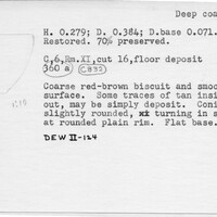 Index card with typed and handwritten information, sometimes including a sketch, of pottery from an excavation.