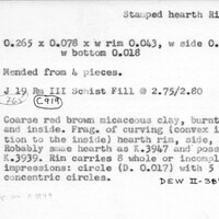 Index card with typed and handwritten information, sometimes including a sketch, of pottery from an excavation.