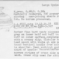 Index card with typed and handwritten information, sometimes including a sketch, of pottery from an excavation.