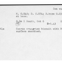 Index card with typed and handwritten information, sometimes including a sketch, of pottery from an excavation.