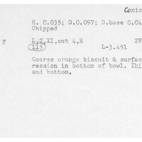 Index card with typed and handwritten information, sometimes including a sketch, of pottery from an excavation.